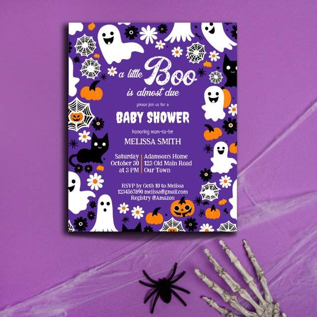 Little boo Halloween babyduschmall inbjudan (Halloween baby shower budget invitation cute ghosts groovy retro daisies pumpkins purple for a girl)