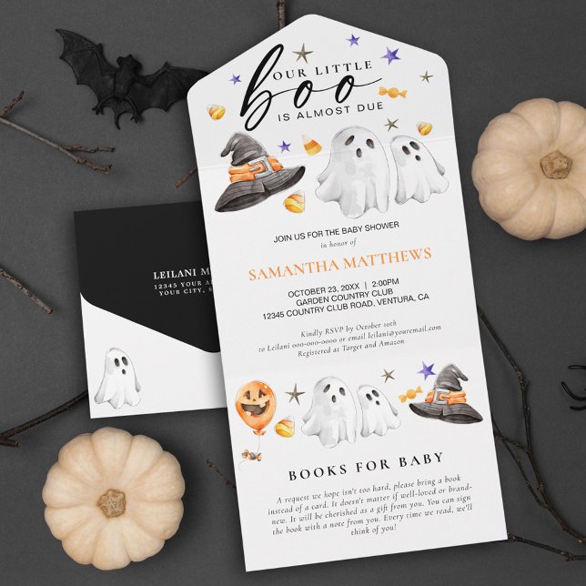 Little Boo Halloween Bokar för Baby (Little boo is almost due books for baby all in one Halloween invitation featuring watercolor ghosts.)