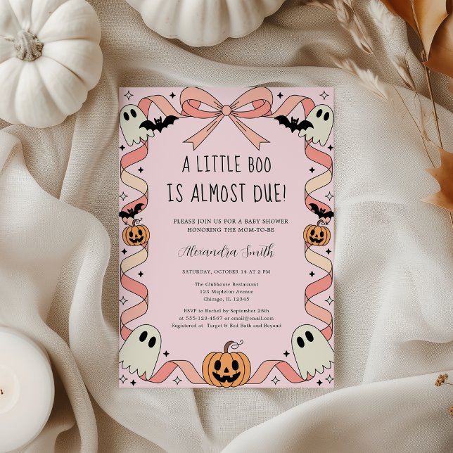 Little Boo Halloween Coquette Ribbon Baby Shower Inbjudningar (Little Boo Halloween Coquette Ribbon Baby Shower – Spooky Cute Ghost & Pink Bow Girl Show)