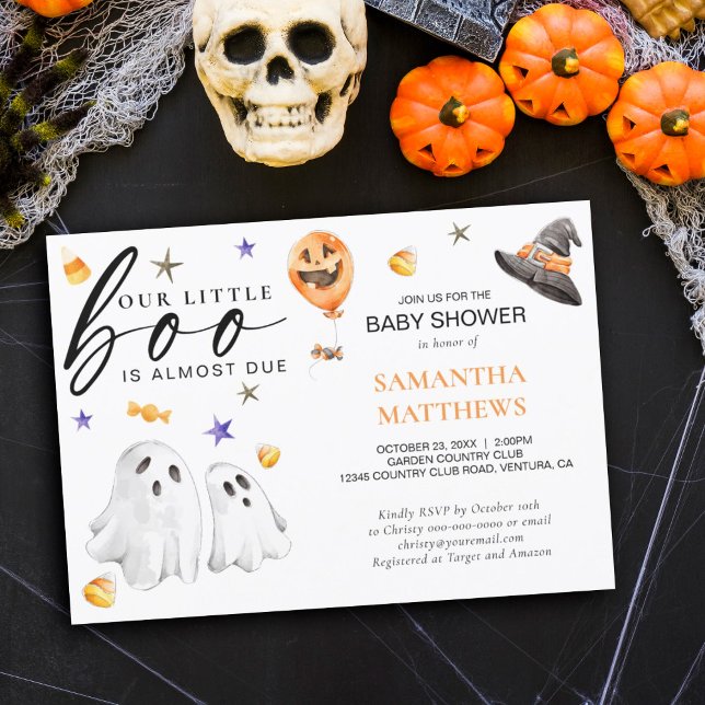Little Boo Halloween Fall Baby Shower Inbjudningar (Little Boo is almost due Halloween themed baby shower invitation featuring watercolor ghosts.)