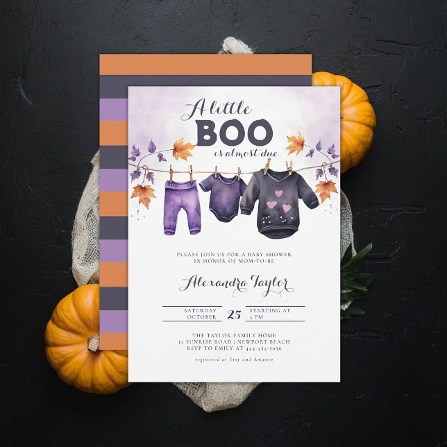 Little Boo Halloween Fall oktober Flicka Shower Inbjudningar (october baby shower ideas clothes line invitation halloween novermber fall leaves purple black)