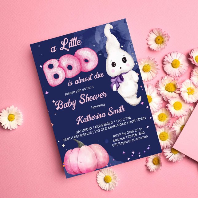 Little boo Halloween flicka spökbabydusch Inbjudningar (Little boo baby girl Halloween themed baby shower cute baby ghost pink pumpkin navy blue starry )