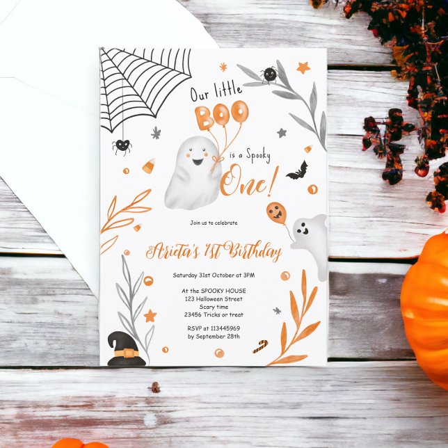 Little Boo Halloween orange spooky 1:a födelsedag Inbjudningar (Little Boo Halloween orange spooky 1st birthday Invitation)