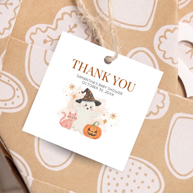 Little Boo Halloween Pumpkin Baby Shower Square Gåvor Etiketter (Halloween Little Boo Baby Shower Favor Tags)