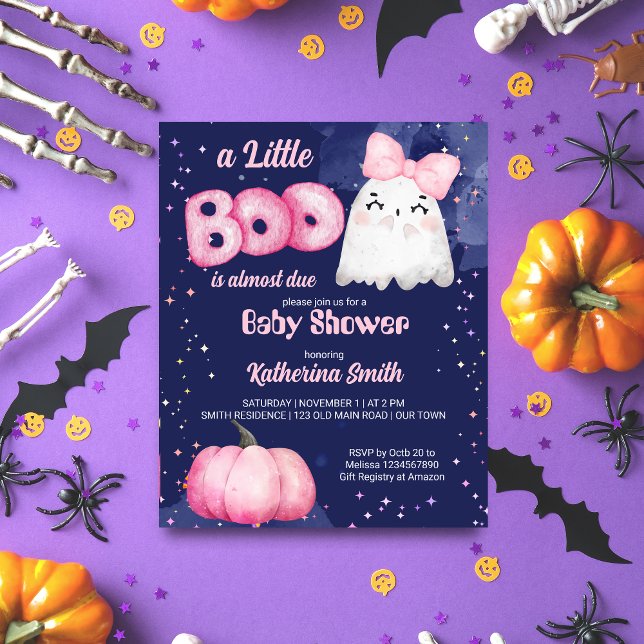 Little boo Halloween rosa Girl Baby dusch inbjudan (Little boo Halloween  pink cute girl ghost baby shower template invitation navy blue starry night)