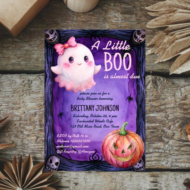 Little boo Halloween rosa söt spökbabydusch Inbjudningar (Little boo Halloween pink cute bow ghost baby shower Invitation template instant download)