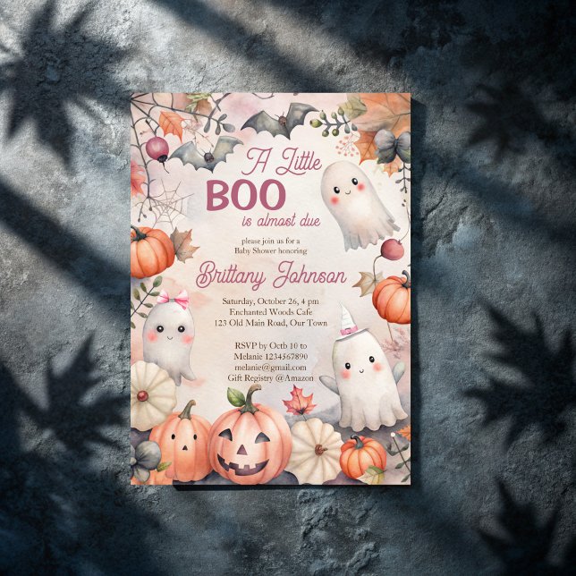 Little boo Halloween rosa söt spökbabydusch Inbjudningar (Little boo Halloween pink cute ghosts and pumpkins baby shower Invitation template instant download)