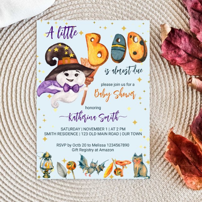 Little boo Halloween söt baby spökbabydusch Inbjudningar (Little boo Halloween baby shower template invitation instant download cute baby ghost with a hat cat)