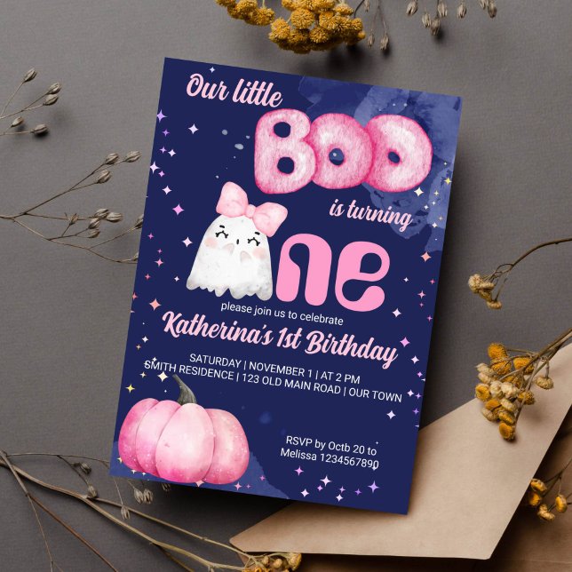 Little boo Halloween-spökfödelsedag Inbjudningar (Little boo first birthday party invitation pink and navy blue girl baby ghost pink pumpkin)