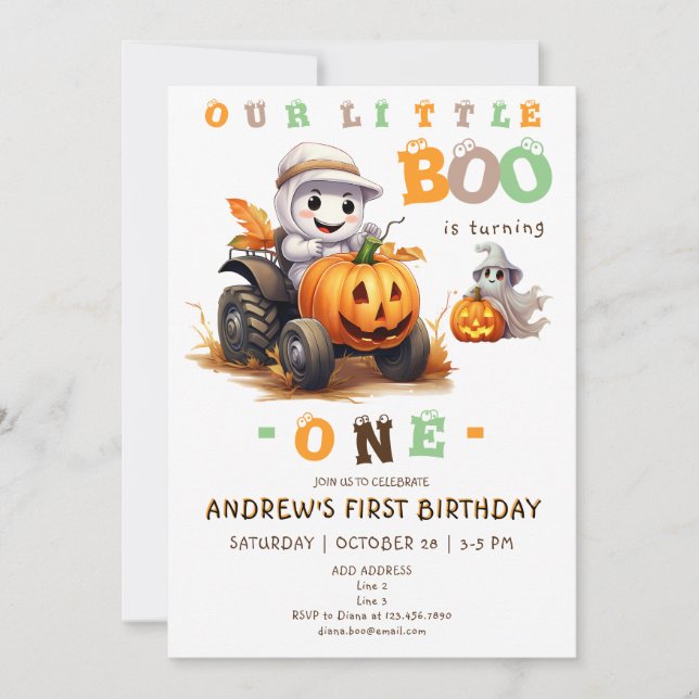 Little Boo Halloween Tractor a Age 1st Birthday Inbjudningar (Framsida)