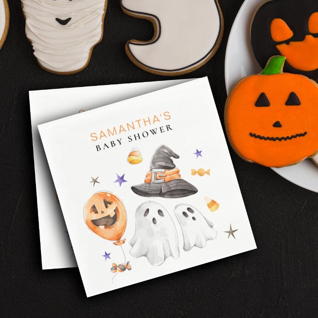 Little Boo Halloween Watercolor Baby Shower Pappersservett (Halloween inspired baby shower napkins are a perfect way to decorate tables for your little boo.)