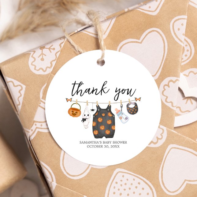 Little Boo Pumpkin Halloween Baby Shower Round Gåvor Etiketter (Little Boo Pumpkin Clothesline Halloween Baby Shower Round Favor Tags)