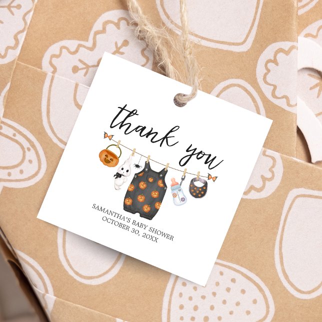 Little Boo Pumpkin Halloween Baby Shower Square Gåvor Etiketter (Little Boo Pumpkin Clothesline Halloween Baby Shower Square Favor Tags)