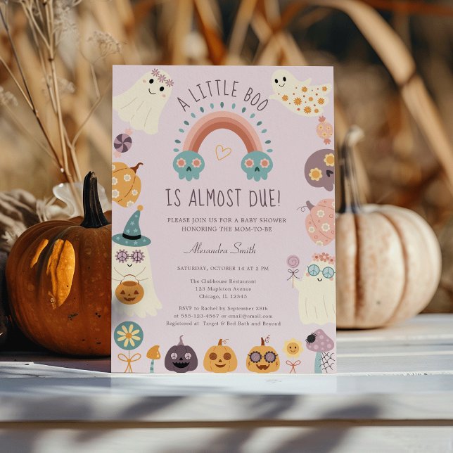 Little Boo Retro Groovy Halloween Baby Shower Inbjudningar (Little Boo Retro Halloween Baby Shower Invitation - Groovy Ghost, Pumpkin, Rainbow & Candy )