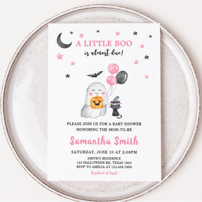 Little Boo Rosa Ghost Halloween Baby Shower Inbjudningar (Cute Pink Ghost Baby Shower Invitation)