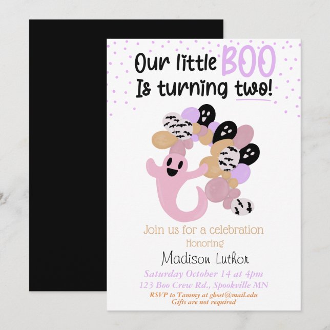 Little Boo Rosa Girl Ghost Second Birthday Invita Inbjudningar (Fram/baksida)