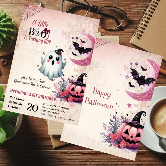 Little Boo Rosa Jack Halloween Ghost 1:a födelseda Inbjudningar (Little Boo Pink Jack Halloween Ghost 1st Birthday Invitation)