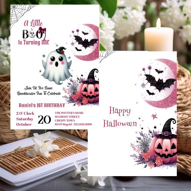 Little Boo Rosa Jack Halva Måne Ghost 1:a födelsed Inbjudningar (Little Boo Pink Jack Half Moon Ghost 1st Birthday Invitation)