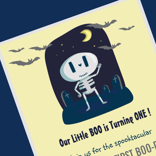 Little boo Skull Cute Halloween 1:a födelsedagen Inbjudningar (Halloween-1st-Birthday-Invitation-Little boo-Yellow-skull-Cute-1)