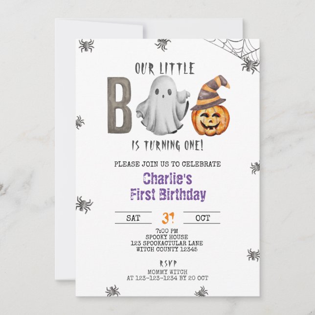 Little Boo Turns One, Halloween Birthday, Boy Girl Inbjudningar (Framsida)