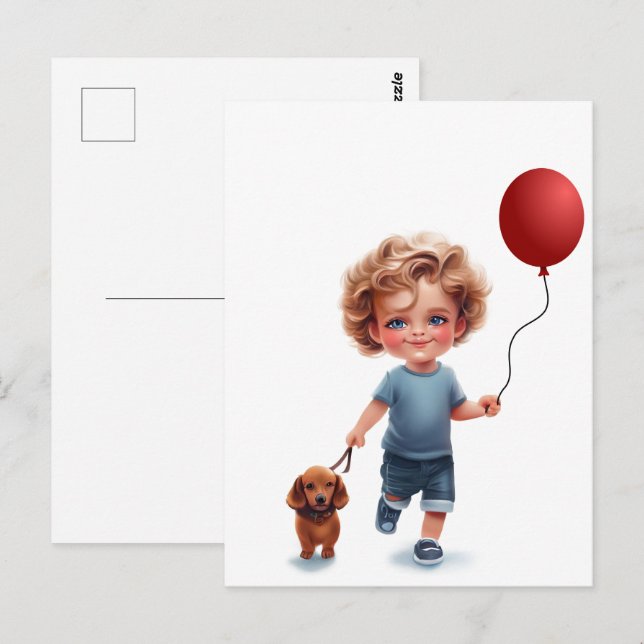 Little Boy and Dachshund Postcard Art Vykort (Fram/baksida)