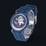 Little Boy Astronaut Personlig Armbandsur<br><div class="desc">Den här roligten har en ljuv vektorillustration av en pojkastronaut,  en gult stjärna och en blå planet i mörk blått bakgrund och kan vara personlig med ditt barns namn,  monogram,  ursprungstext eller valfri perfekt för anpassningsbar.</div>