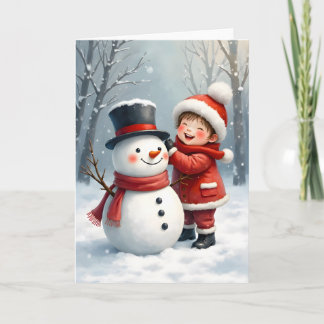 Little Boy Building a Snowman Blank Christmas Kort