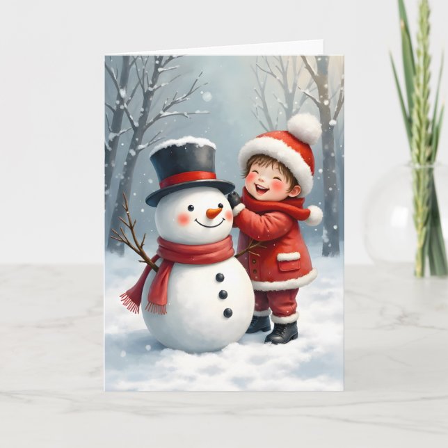 Little Boy Building a Snowman Blank Christmas  Kort (Framsida)