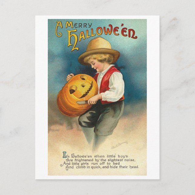 Little Boy Carving Pumpkin Vykort (Framsida)