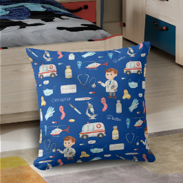 Little Boy Doktor Medical Mönster med Namn, Blue Kudde