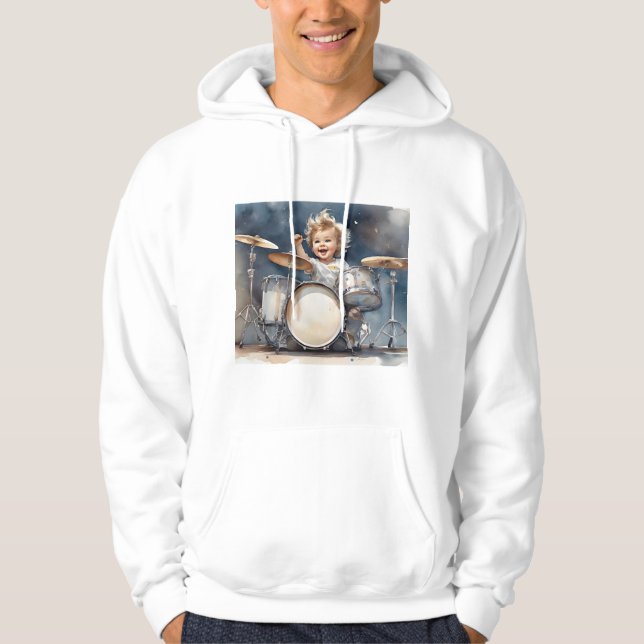 Little Boy Drummer Watercolor Illustration Artwork Hoodie (Framsida)