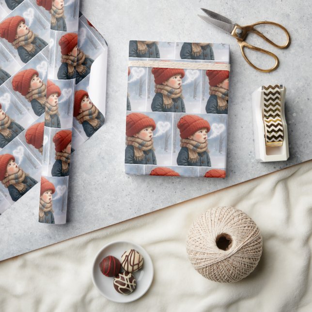 Little Boy Exhaling a Frosty Heart Presentpapper (Hantverk)