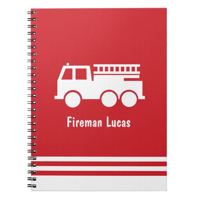 Little Boy Fire Lastbil med Namn Red and White Anteckningsbok (Framsidan)