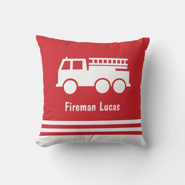 Little Boy Fire Lastbil med Namn Red and White Kudde (Framsida)