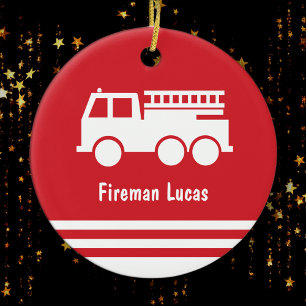 Little Boy Fire Lastbil Red and White jul Julgransprydnad Keramik