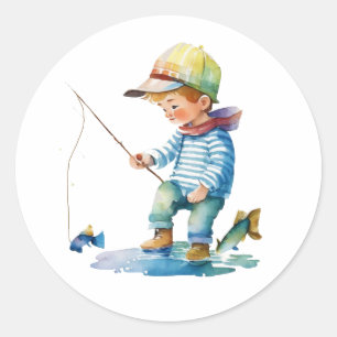 Little Boy Fishing Illustration Runt Klistermärke