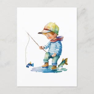 Little Boy Fishing Illustration Vykort