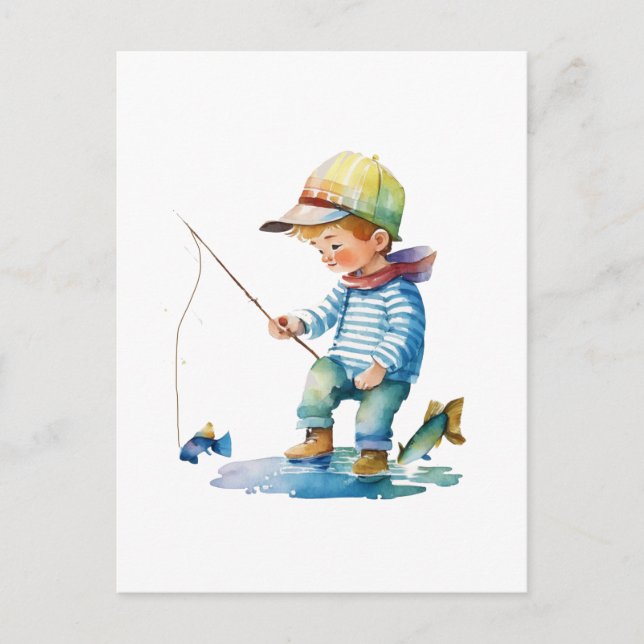 Little Boy Fishing Illustration Vykort (Framsida)