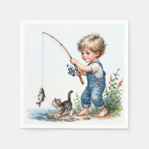 Little Boy Fishing with Kitten Pappersservett