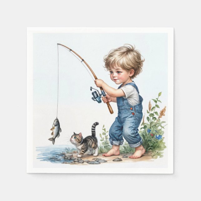 Little Boy Fishing with Kitten Pappersservett (Framsidan)