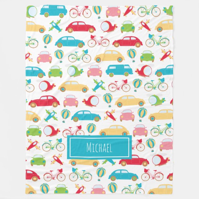 Little Boy Fordon Mönster med First Namn Fleecefilt (Framsidan)