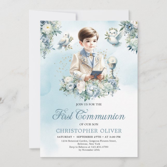 Little boy Formal attire heliga bible blue blommig Inbjudningar (Framsida)