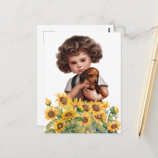 Little Boy Holding Dachshund Postcard Art Vykort (Fram/Back In Situ)