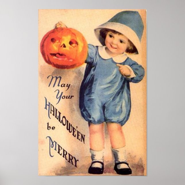 Little Boy Holding Pumpkin - kan din Halloween var Poster (Framsidan)