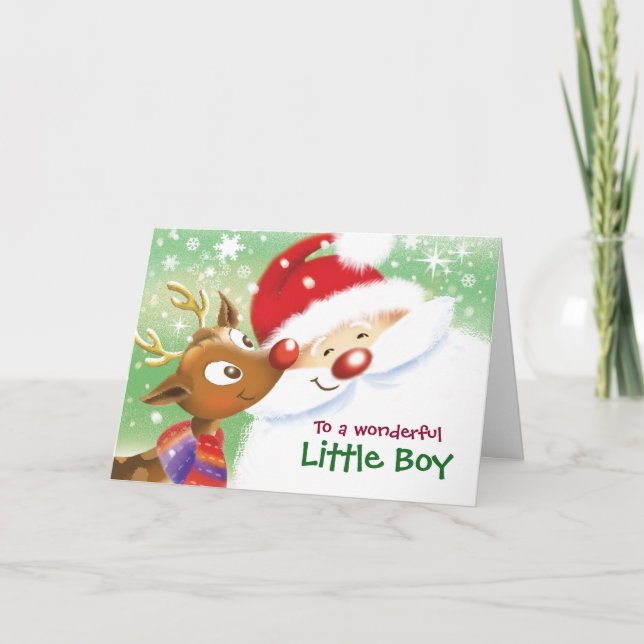 Little Boy, jul, Cute Reindeer och Santa Kort (Framsida)