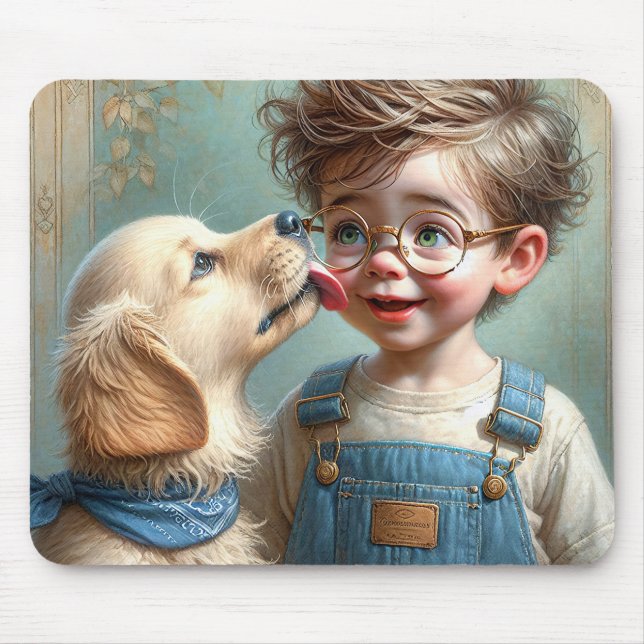 Little Boy Kissed by Golden Retriever Puppy Musmatta (Framsidan)