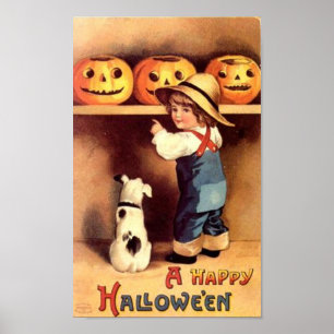 Little Boy med Hund och Pumpkins Poster
