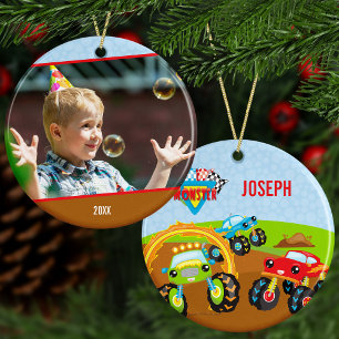 Little Boy Monster Lastbilar Namn och Photo jul Julgransprydnad Keramik