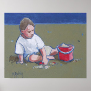 LIttle Boy och Sandcastle på Beach Poster