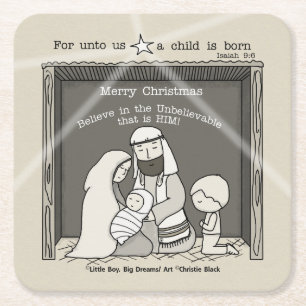 Little Boy på Manger-God jul Underlägg Papper Kvadrat
